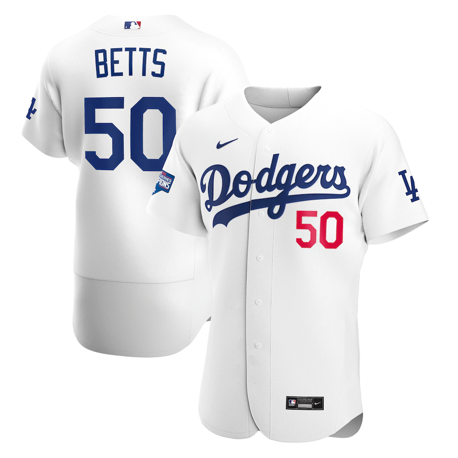 Men's Los Angeles Dodgers #50 Mookie Betts 2020 White World Series Champions Patch MLB Sttiched Jersey