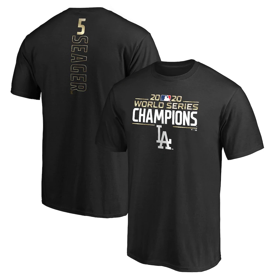 Men's Los Angeles Dodgers #5 Corey Seager Black 2020 World Series Champions T-Shirt