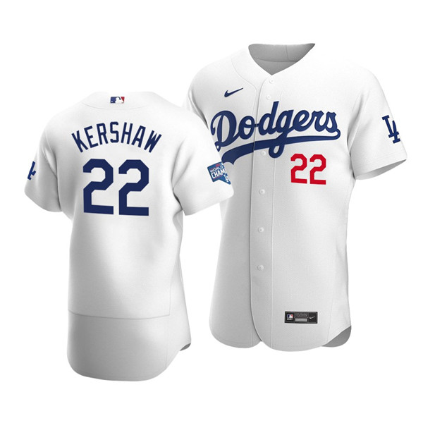 Men's Los Angeles Dodgers #22 Clayton Kershaw 2020 White World Series Champions Patch Flex Base MLB Sttiched Jersey