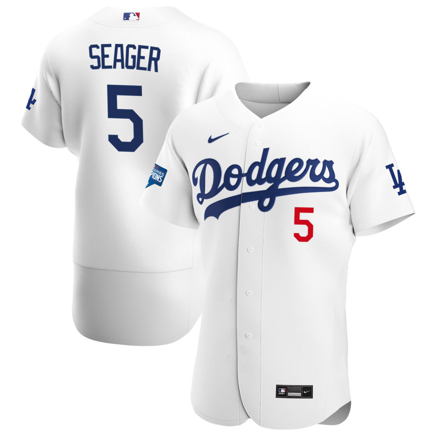 Men's Los Angeles Dodgers #5 Corey Seager 2020 White World Series Champions Patch MLB Sttiched Jersey