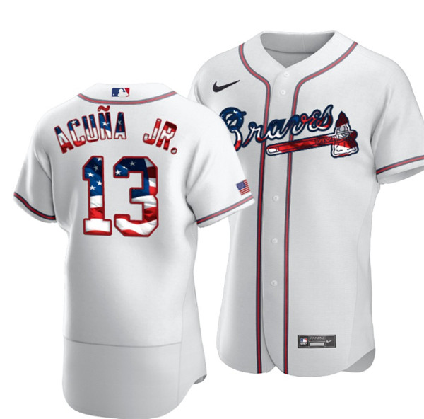 Men's Atlanta Braves White #13 Ronald Acuña Jr 2020 2020 Stars & Stripes Flex Base Stitched MLB Jersey