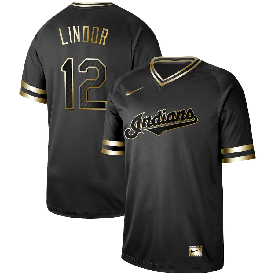Men's Cleveland Indians #12 Francisco Lindor Black Gold Stitched MLB Jersey