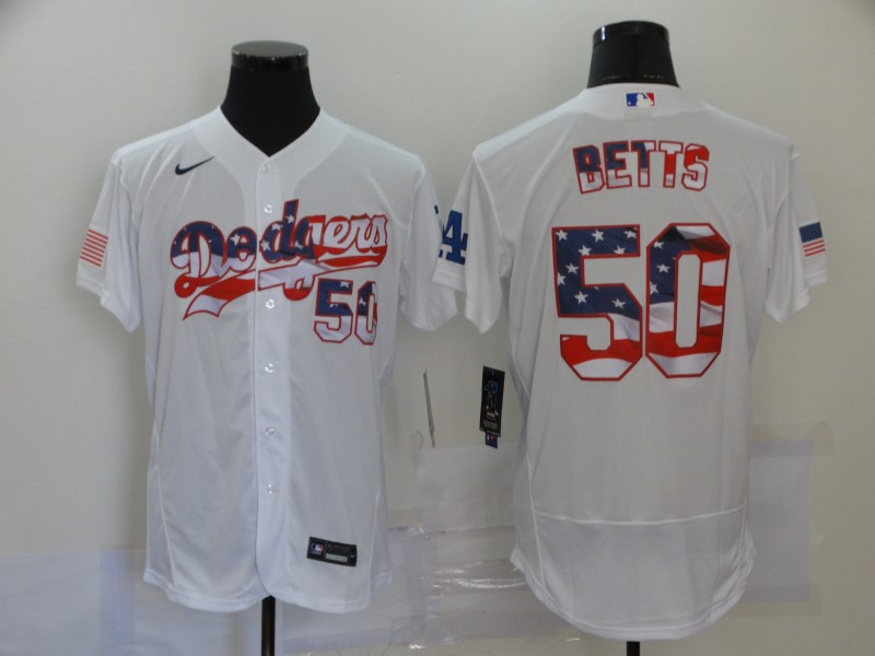 Men's Los Angeles Dodgers White #50 Mookie Betts 2020 2020 Stars & Stripes Flex Base Stitched MLB Jersey