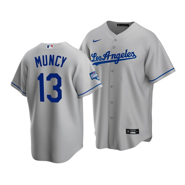 Men's Los Angeles Dodgers #13 Max Muncy Grey 2020 World Series Champions Home Patch Stitched MLB Jersey