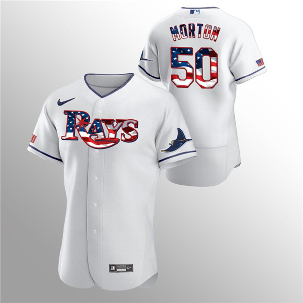 Men's Tampa Bay Rays White #50 Charlie Morton 2020 Stars & Stripes Flex Base Stitched MLB Jersey