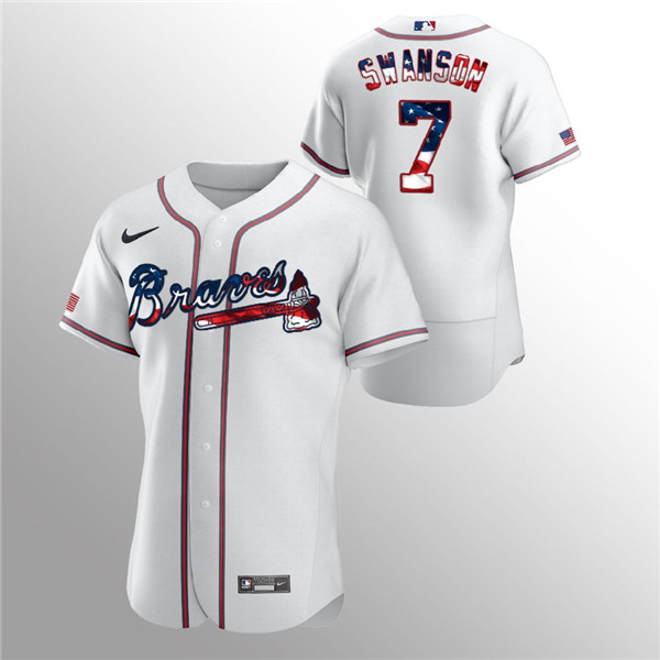 Men's Atlanta Braves White #7 Dansby Swanson White 2020 Stars & Stripes Flex Base Stitched MLB Jersey