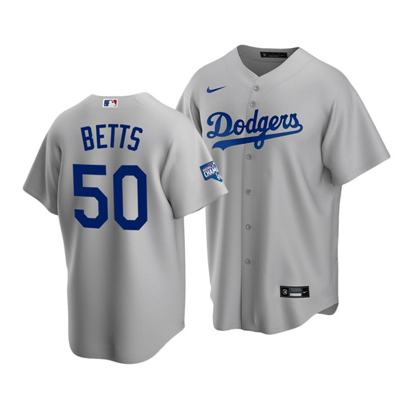 Men's Los Angeles Dodgers #50 Mookie Betts Grey 2020 World Series Champions Home Patch Cool Base Stitched MLB Jersey