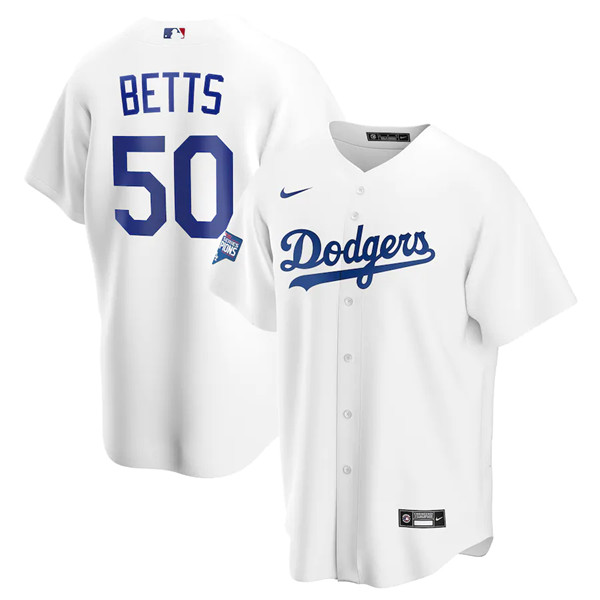 Men's Los Angeles Dodgers #50 Mookie Betts White 2020 World Series Champions Home Patch Cool Base Stitched MLB Jersey