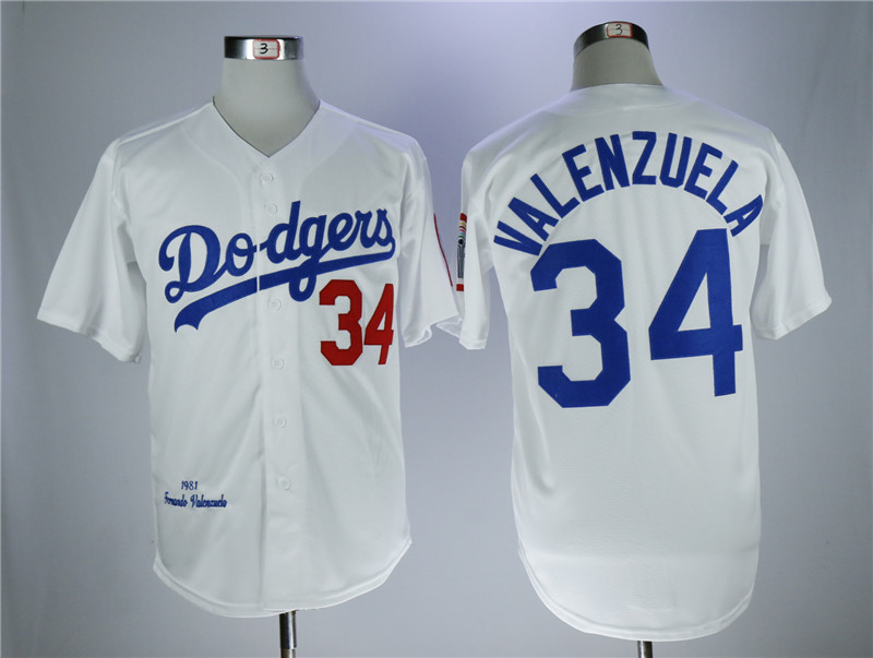 Men's Los Angeles Dodgers #34 Fernando Valenzuela White 1981 Throwback Stitched MLB Jersey