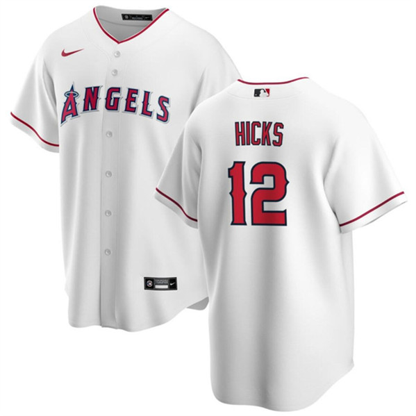 Men's Los Angeles Angels #12 Aaron Hicks White Cool Base Stitched Jersey