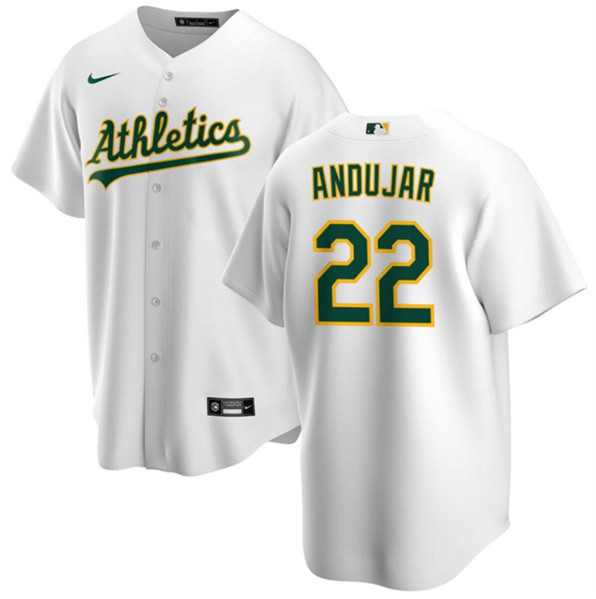 Men's Oakland Athletics #22 Miguel Andujar White Cool Base Stitched Jersey
