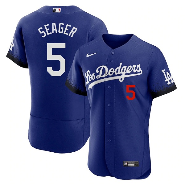 Men's Los Angeles Dodgers #5 Corey Seager 2021 Royal City Connect Flex Base Stitched Baseball Jersey