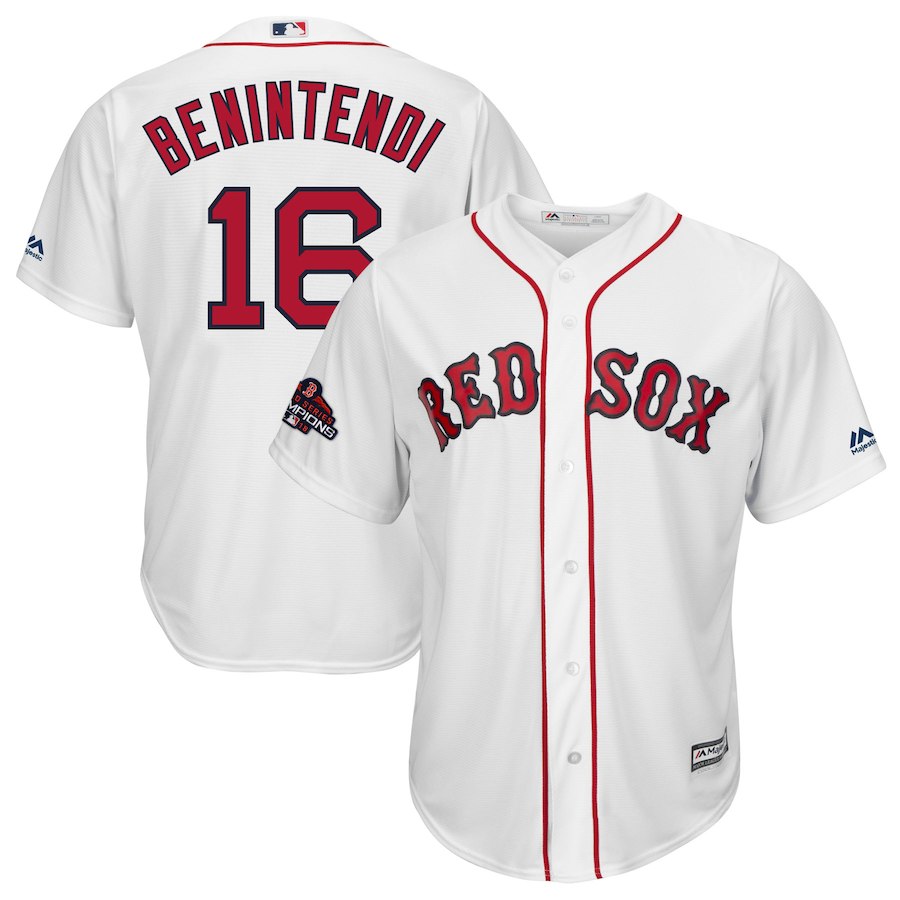 Men's Boston Red Sox #16 Andrew Benintendi Majestic White 2018 World Series Champions Team Logo Player Stitched MLB Jersey