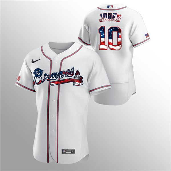 Men's Atlanta Braves White #10 Chipper Jones 2020 Stars & Stripes Flex Base Stitched MLB Jersey