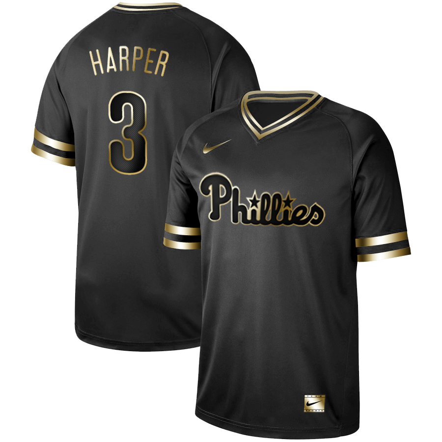 Men's Philadelphia Phillies #3 Bryce Harper Black Gold Stitched MLB Jersey