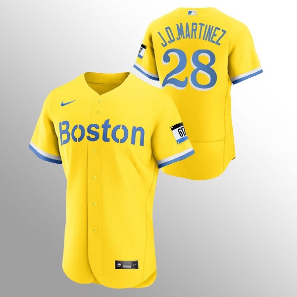 Men's Boston Red Sox #28 J.D. Martinez Gold 2021 City Connect Flex Base Stitched MLB Jersey