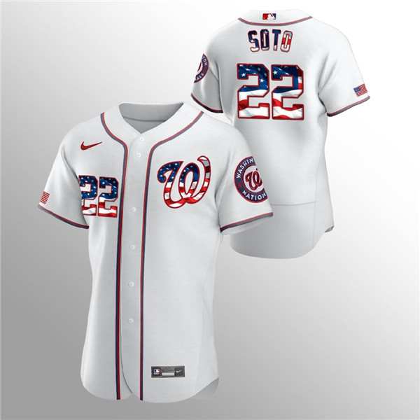 Men's Washington Nationals White #22 Juan Soto 2020 Stars & Stripes Flex Base Stitched MLB Jersey