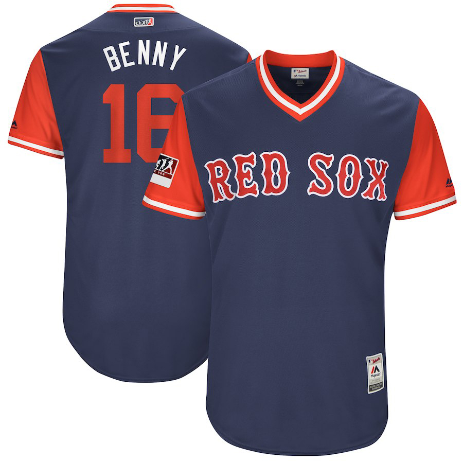Men's Boston Red Sox #16 Andrew Benintendi "Benny" Majestic Navy/Red 2018 Players' Weekend Jersey
