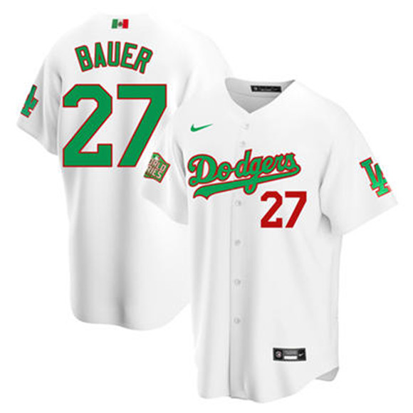 Men's Los Angeles Dodgers #27 Trevor Bauer White Green Mexico 2020 World Series Stitched MLB Jersey