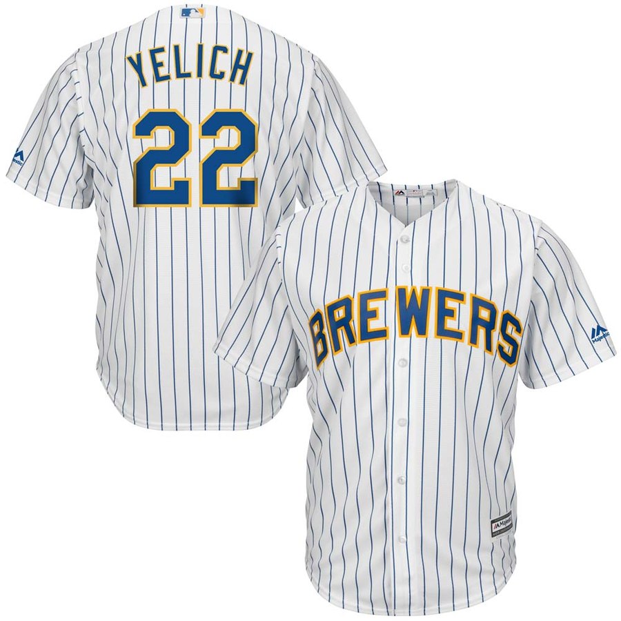 Men's Milwaukee Brewers #22 Christian Yelich Majestic White/Royal Cool Base Player Stitched MLB Jersey