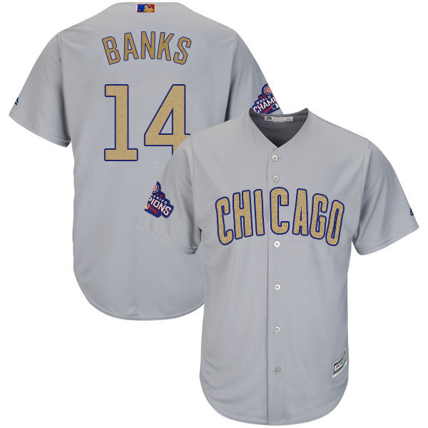 Men's Chicago Cubs #14 Ernie Banks World Series Champions Gold Program Cool Base Stitched MLB Jersey