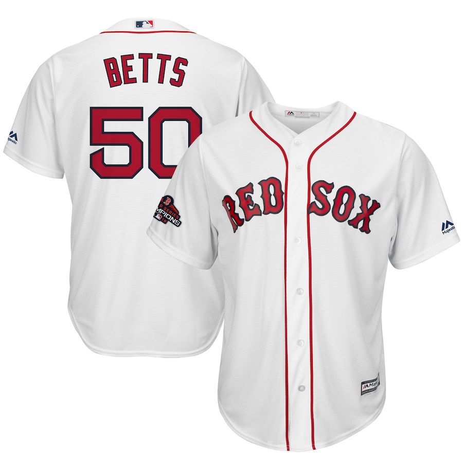Men's Boston Red Sox #50 Mookie Betts Majestic White 2018 World Series Champions Team Logo Player Stitched MLB Jersey