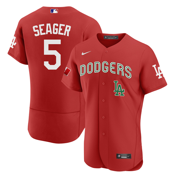 Men's Los Angeles Dodgers #5 Corey Seager 2021 Mexican Heritage Red Flex Base Stitched Baseball Jersey
