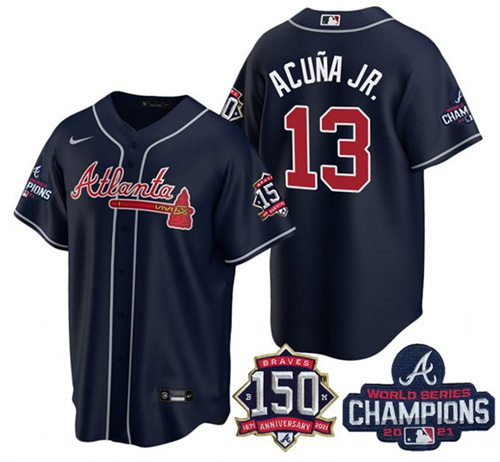 Men's Atlanta Braves #13 Ronald Acuña Jr. 2021 Navy World Series Champions With 150th Anniversary Patch Cool Base Stitched Jersey