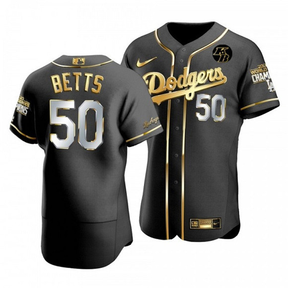 Men's Los Angeles Dodgers #50 Mookie Betts Black 2020 Gold World Series Champions With KB Patch Flex Base Sttiched MLB Jersey