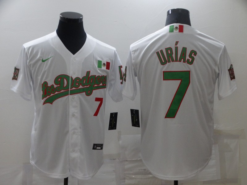 Men's Los Angeles Dodgers #7 Julio Urias White/Green Cool Base Stitched Baseball Jersey