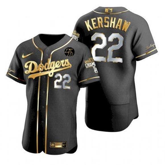 Men's Los Angeles Dodgers #22 Clayton Kershaw Black 2020 Gold World Series Champions With KB Patch Flex Base Sttiched MLB Jersey
