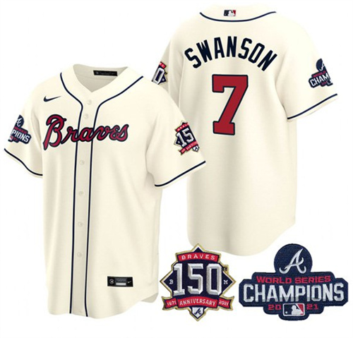 Men's Atlanta Braves #7 Dansby Swanson 2021 Cream World Series Champions With 150th Anniversary Patch Cool Base Stitched Jersey