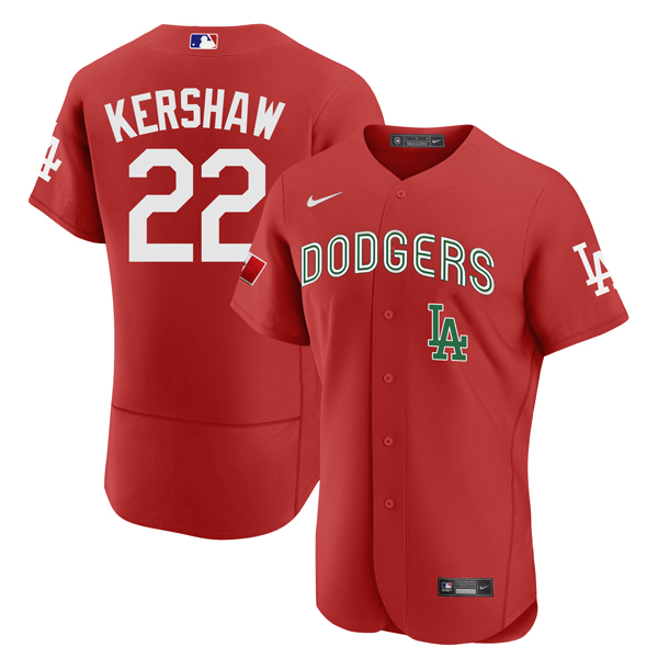 Men's Los Angeles Dodgers #22 Clayton Kershaw 2021 Mexican Heritage Red Flex Base Stitched Baseball Jersey