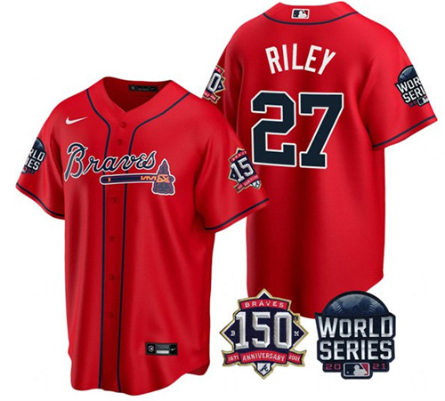 Men's Atlanta Braves #27 Austin Riley 2021 Red World Series With 150th Anniversary Patch Cool Base Stitched Jersey