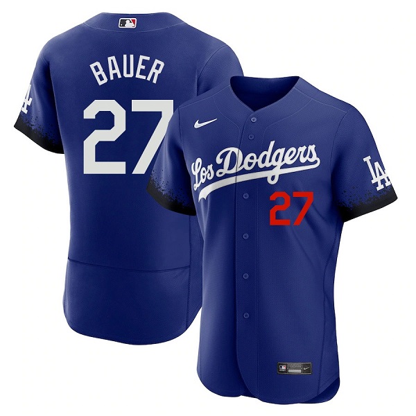 Men's Los Angeles Dodgers #27 Trevor Bauer 2021 Royal City Connect Flex Base Stitched Baseball Jersey
