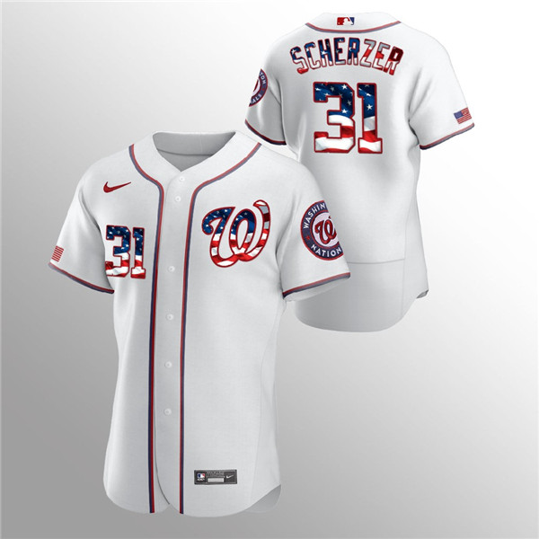 Men's Washington Nationals White #31 Max Scherzer 2020 Stars & Stripes Flex Base Stitched MLB Jersey