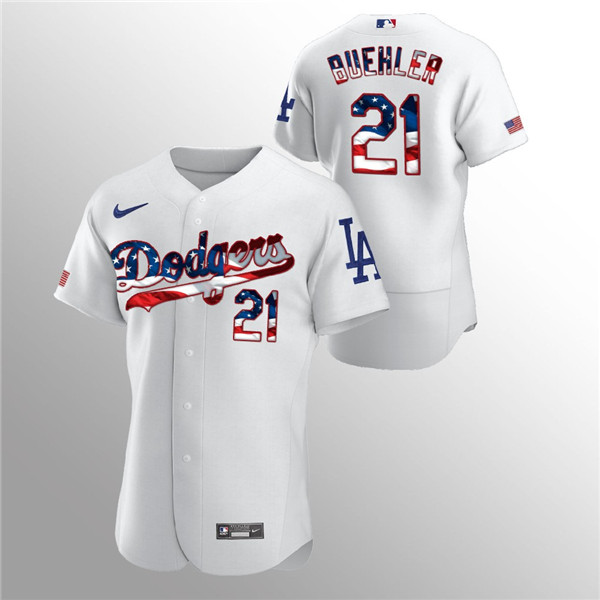 Men's Los Angeles Dodgers White #21 Walker Buehler 2020 Stars & Stripes Flex Base Stitched MLB Jersey