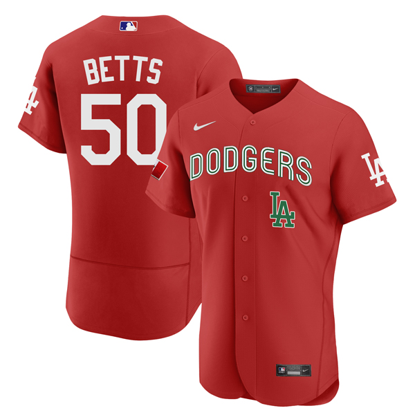 Men's Los Angeles Dodgers #50 Mookie Betts 2021 Mexican Heritage Red Flex Base Stitched Baseball Jersey