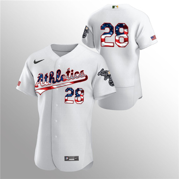 Men's Oakland Athletics White #28 Matt Olson 2020 Stars & Stripes Flex Base MLB StitchedJersey