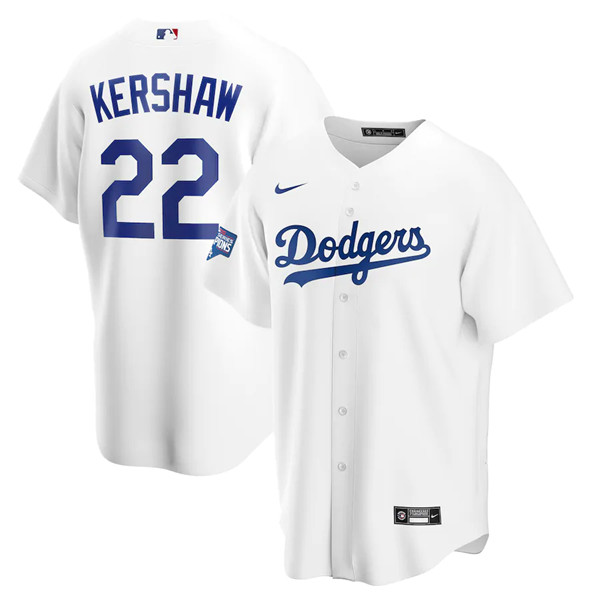 Men's Los Angeles Dodgers #22 Clayton Kershaw White 2020 World Series Champions Home Patch Cool Base Stitched MLB Jersey