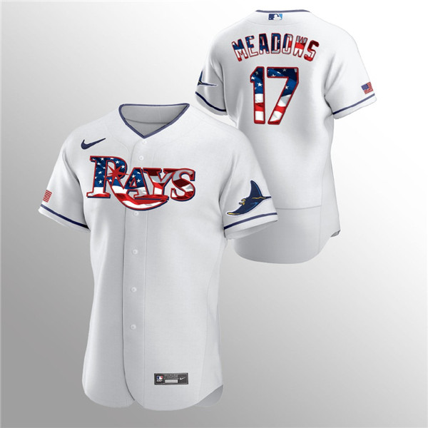 Men's Tampa Bay Rays White #17 Austin Meadows 2020 Stars & Stripes Flex Base Stitched MLB Jersey
