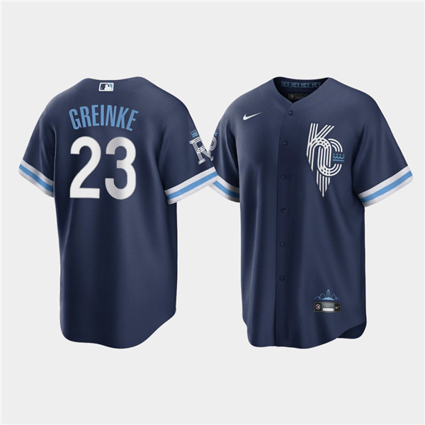 Men's Kansas City Royals #23 Zack Greinke 2022 Navy City Connect Cool Base Stitched Jersey