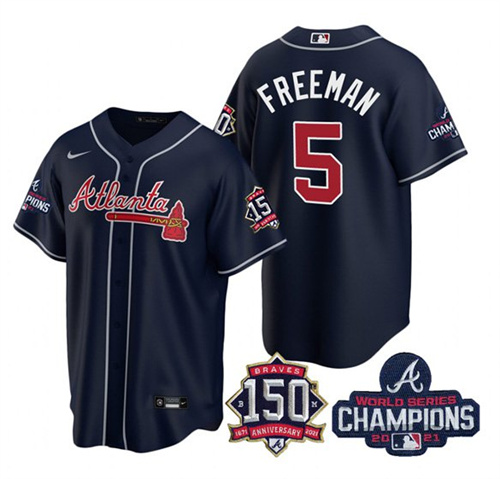Men's Atlanta Braves #5 Freddie Freeman 2021 Navy World Series Champions With 150th Anniversary Patch Cool Base Stitched Jersey