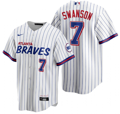 Men's Atlanta Braves #7 Dansby Swanson 2021 White City Connect Stitched Jersey