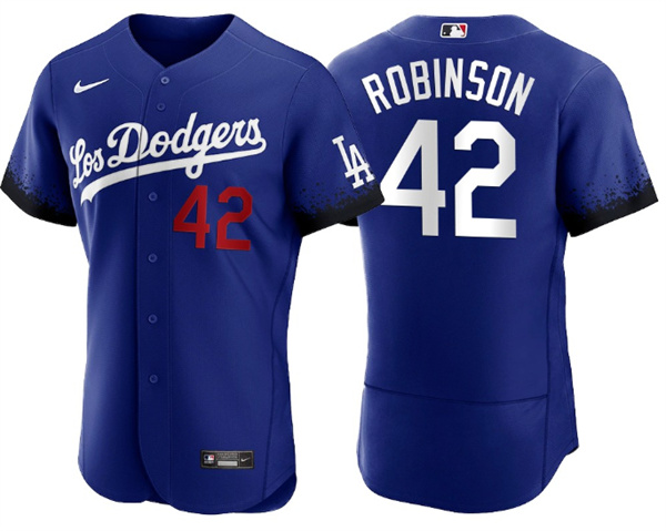 Men's Los Angeles Dodgers #42 Jackie Robinson 2021 Royal City Connect Flex Base Stitched Baseball Jersey