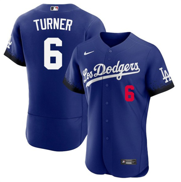 Men's Los Angeles Dodgers #6 Trea Turner 2021 Royal City Connect Flex Base Stitched Baseball Jersey