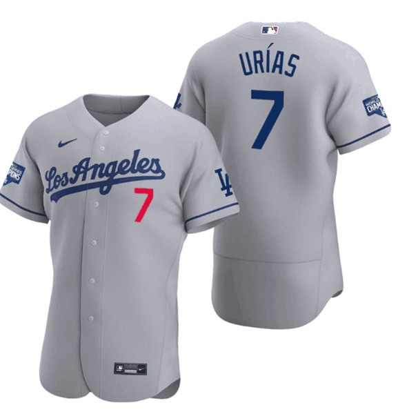 Men's Los Angeles Dodgers #7 Julio Urias Grey 2020 World Series Champions Home Patch Stitched MLB Jersey