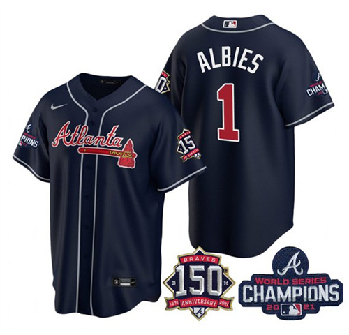 Men's Atlanta Braves #1 Ozzie Albies 2021 Navy World Series Champions With 150th Anniversary Patch Cool Base Stitched Jersey