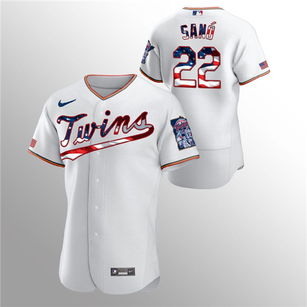 Men's Minnesota Twins White #22 Miguel Sano 2020 Stars & Stripes Flex Base Stitched MLB Jersey