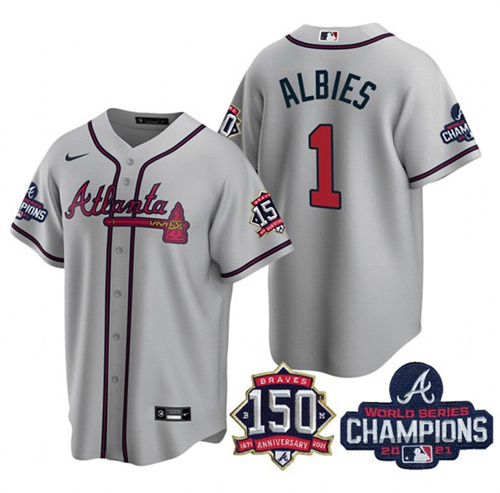 Men's Atlanta Braves #1 Ozzie Albies 2021 Gray World Series Champions With 150th Anniversary Patch Cool Base Stitched Jersey